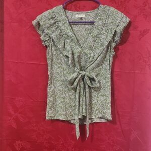 Max Studio Olive Floral Tie-Front Blouse